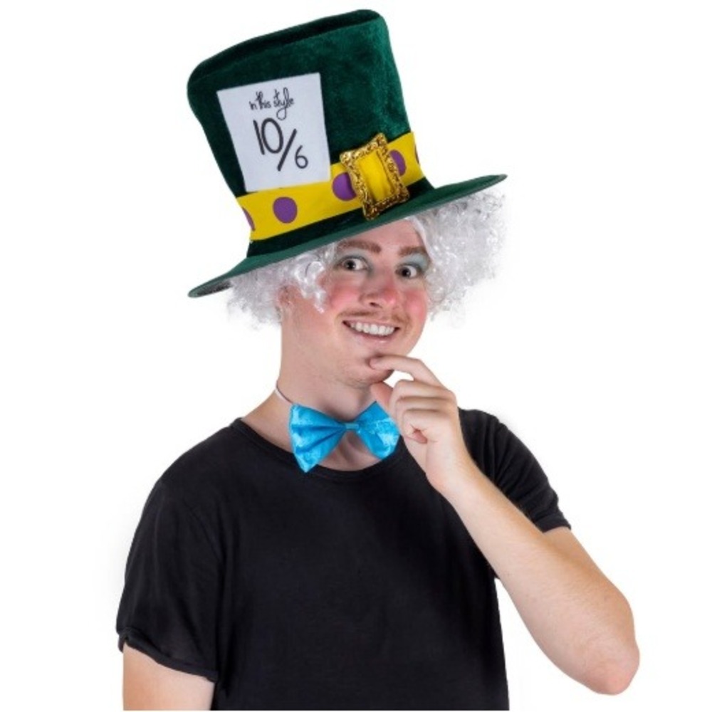 NWT Mad Hatter OS Costume Accessory Green Top Hat White Wig Bow Tie Wonderland